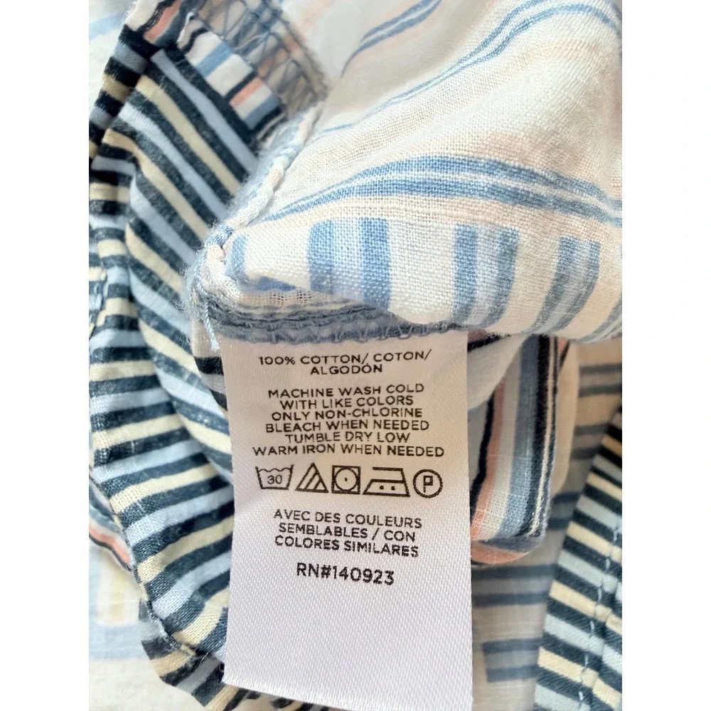 Loft Blue White Striped Patchwork Split Neck Tie Blouse Short Puff Sleeve Small